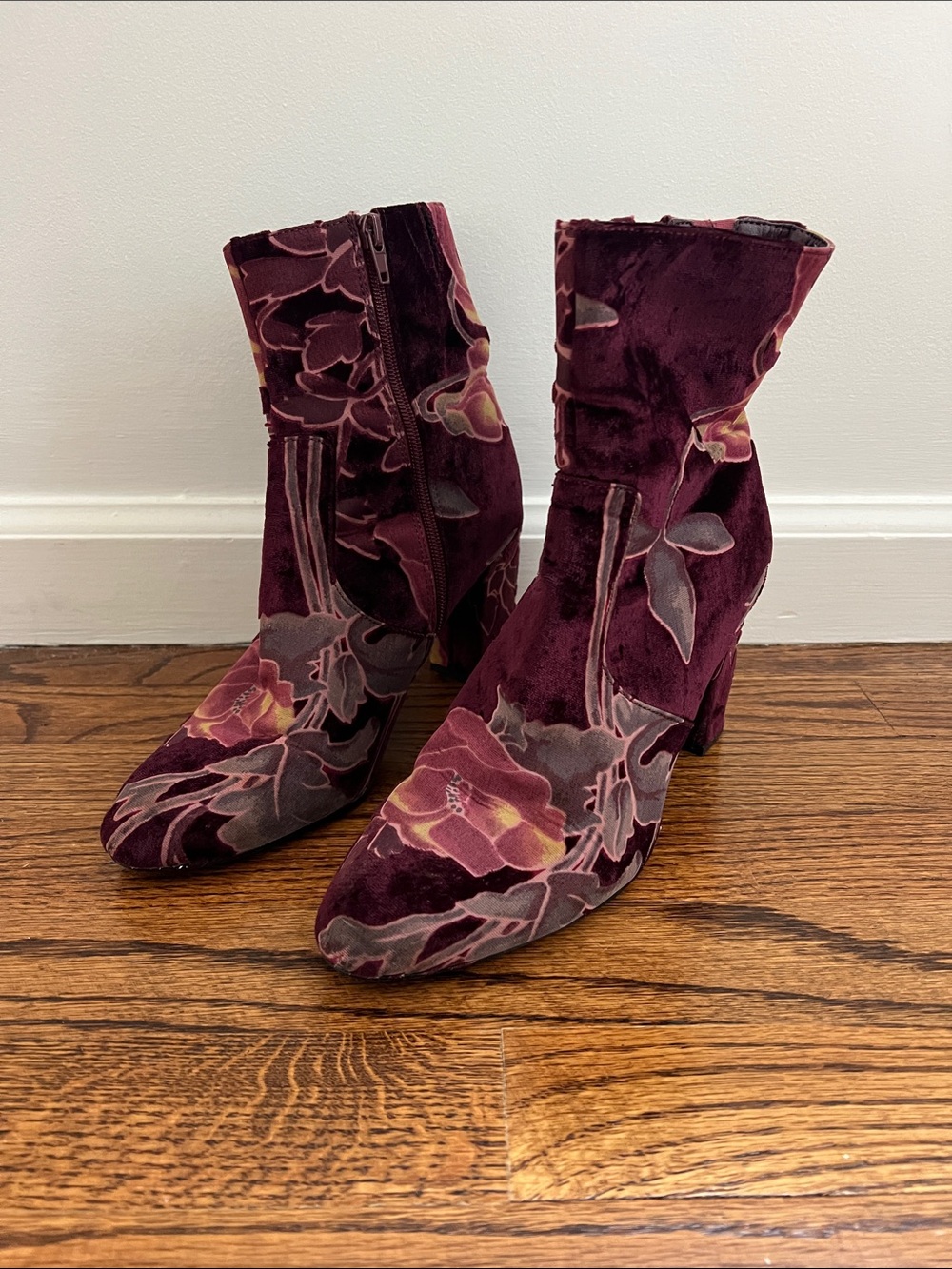 Steve Madden Burgundy Floral Velvet Ankle Boots